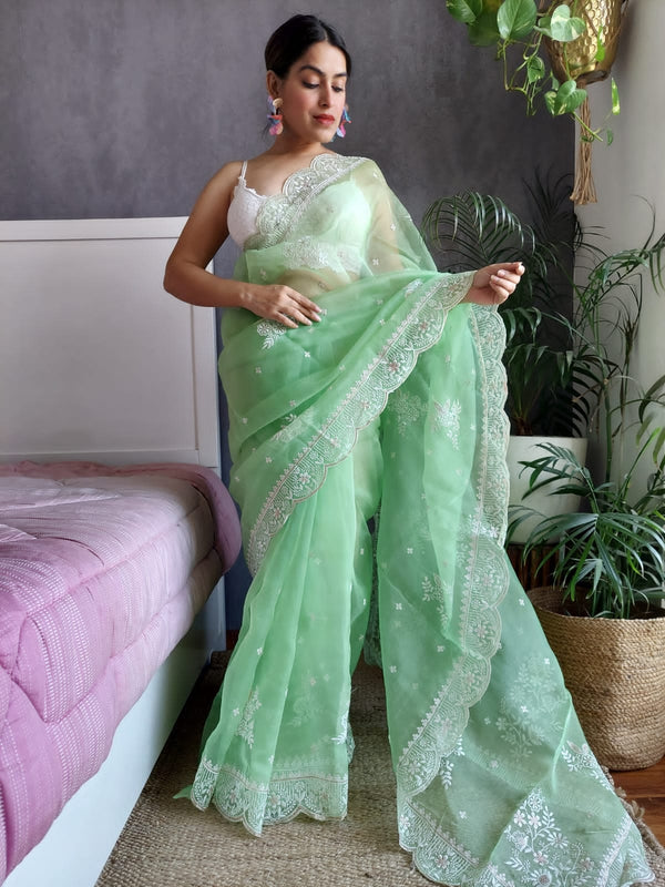 Designer Green Color Sequence Thread Work Organza Silk Saree