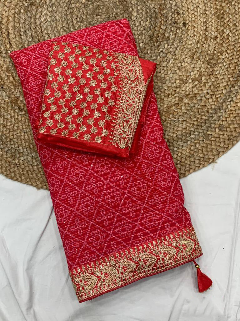 Bandhani Print Red Color Crochet Work Saree