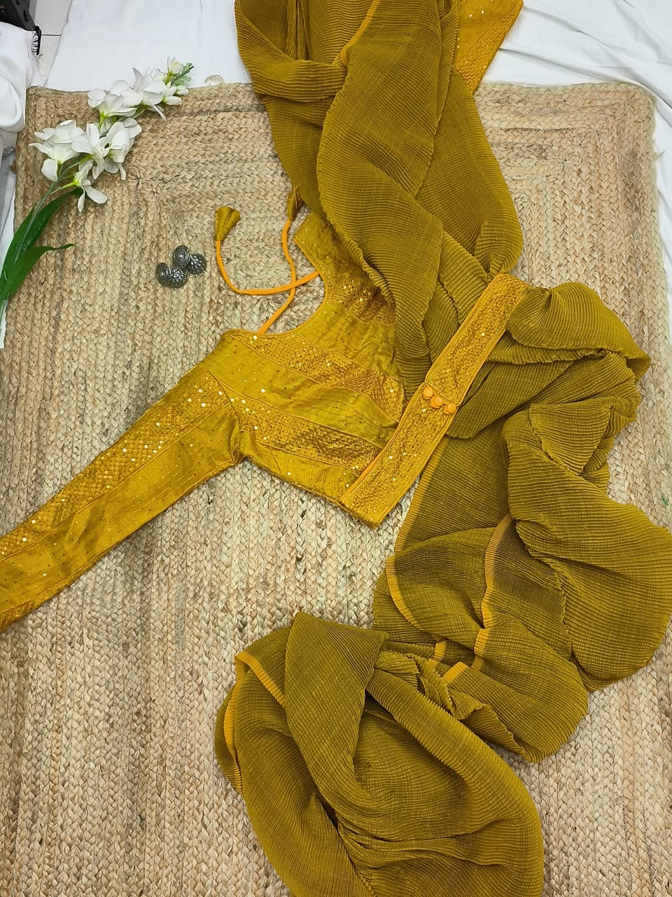 Mustard Color Crushed Saree With Fancy Attached Belt Blouse