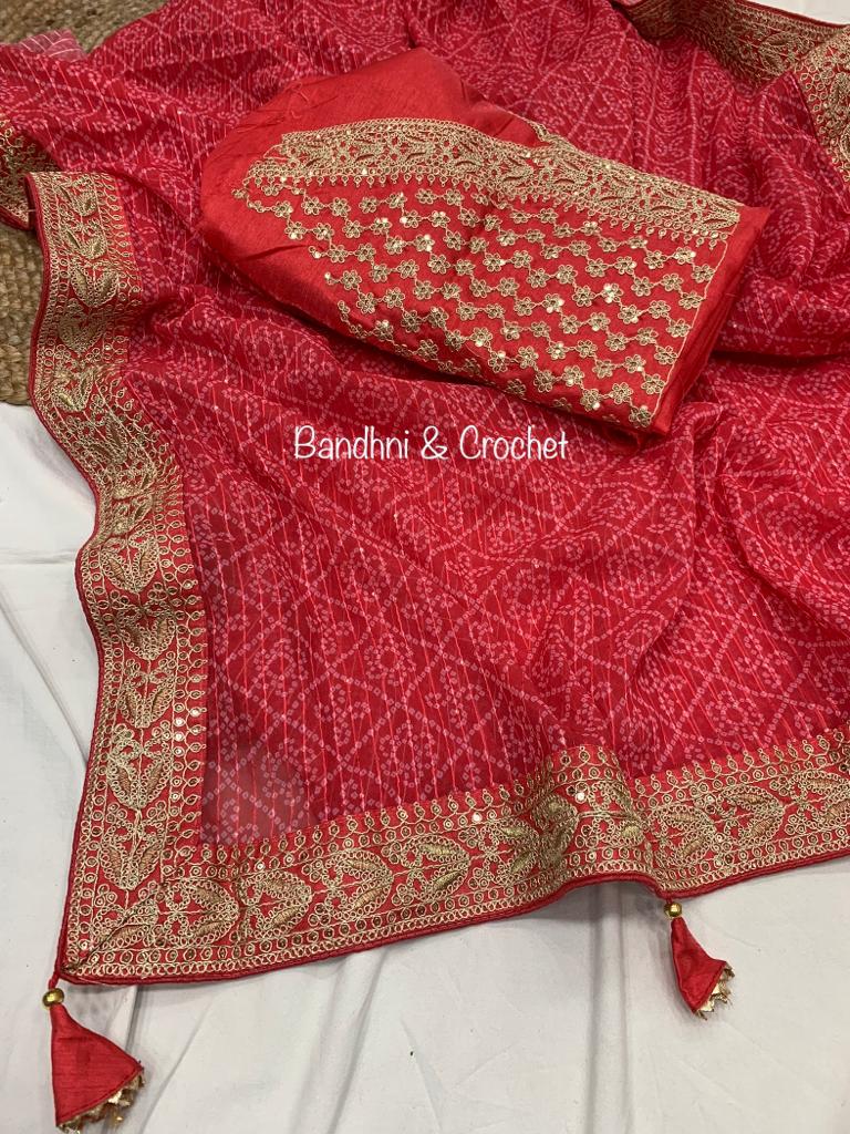 Bandhani Print Red Color Crochet Work Saree