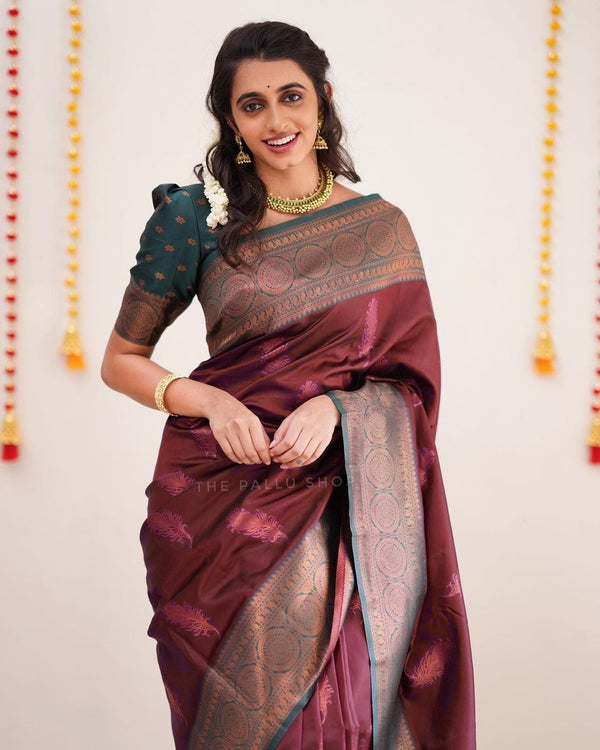Beautiful Designer Maroon  Color Coper Jari Design Soft Silk Saree