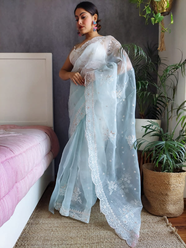 Designer Sky Blue Color Sequence Thread Work Organza Silk Saree