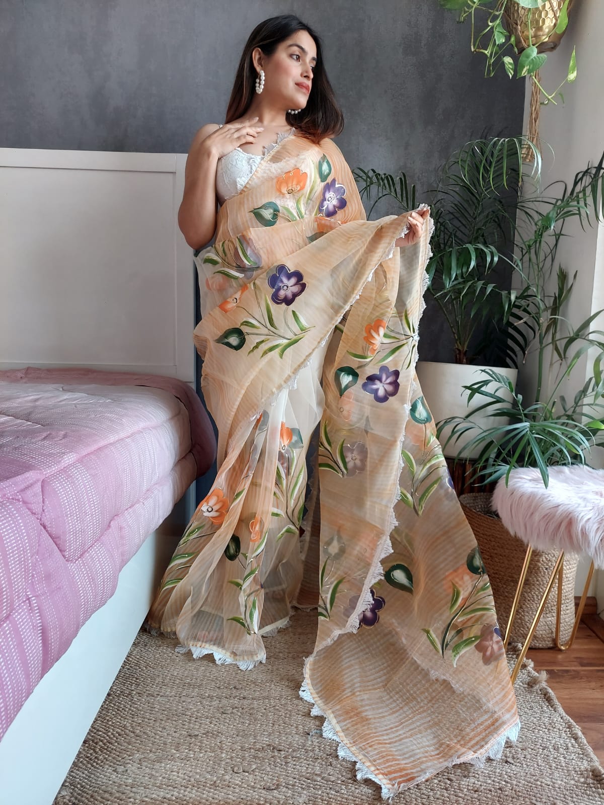 Handprint Flower Print Organza Beige Color Saree