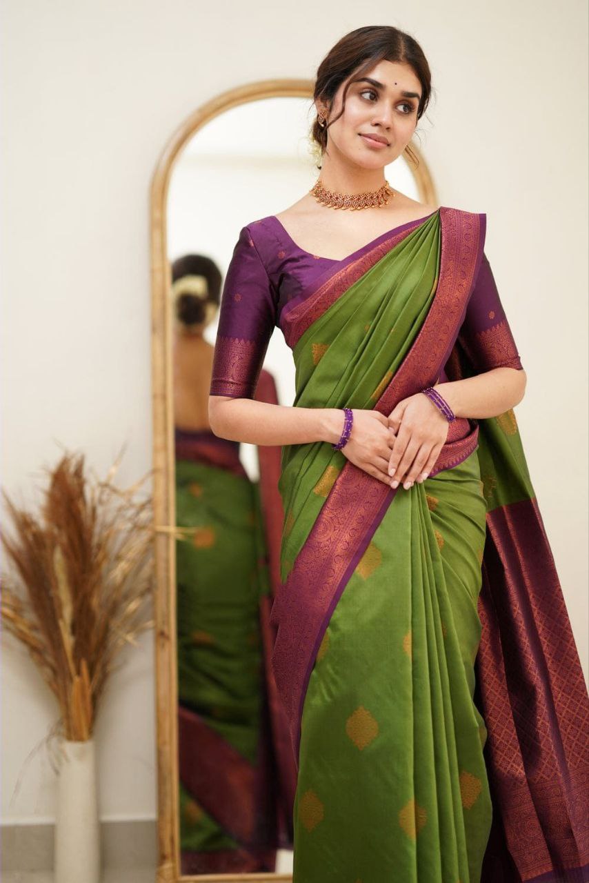 Designer Green Color Coper Jari Design Soft Silk Saree