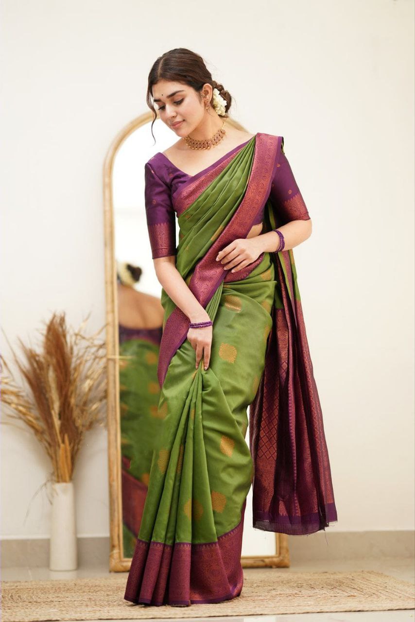 Designer Green Color Coper Jari Design Soft Silk Saree