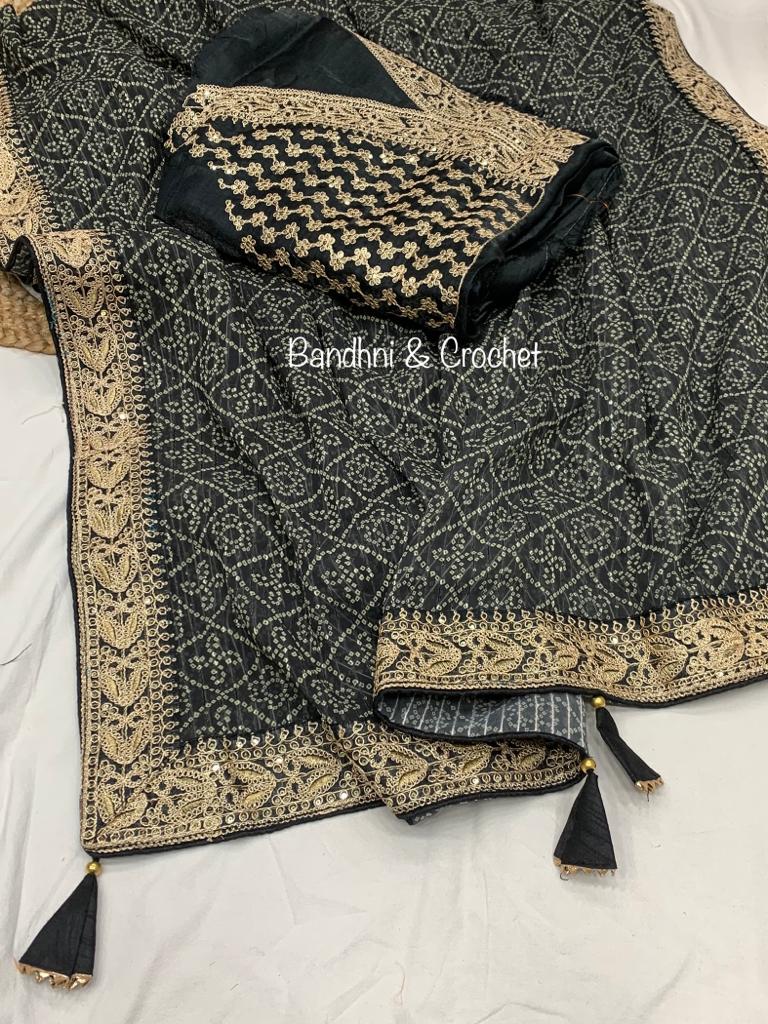 Bandhani Print Black Color Crochet Work Saree