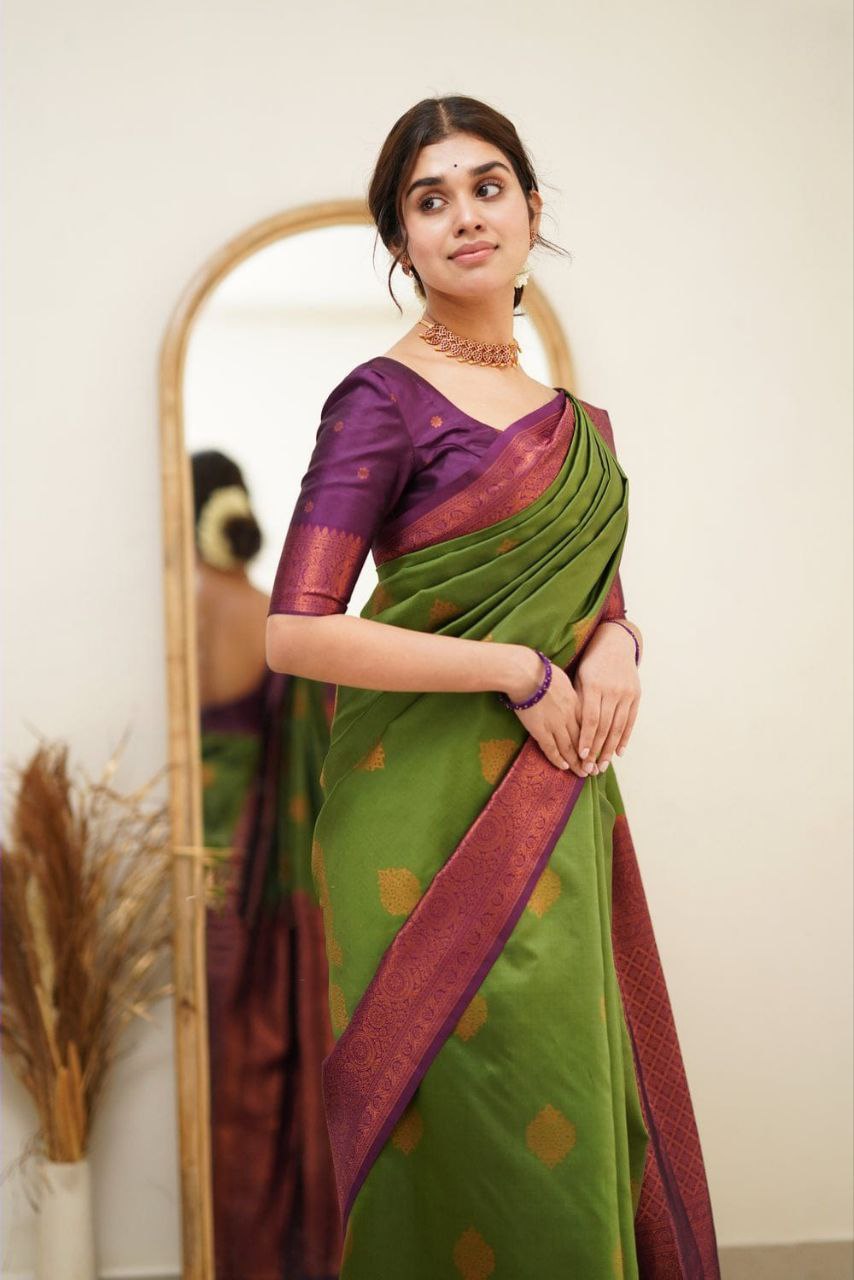 Designer Green Color Coper Jari Design Soft Silk Saree
