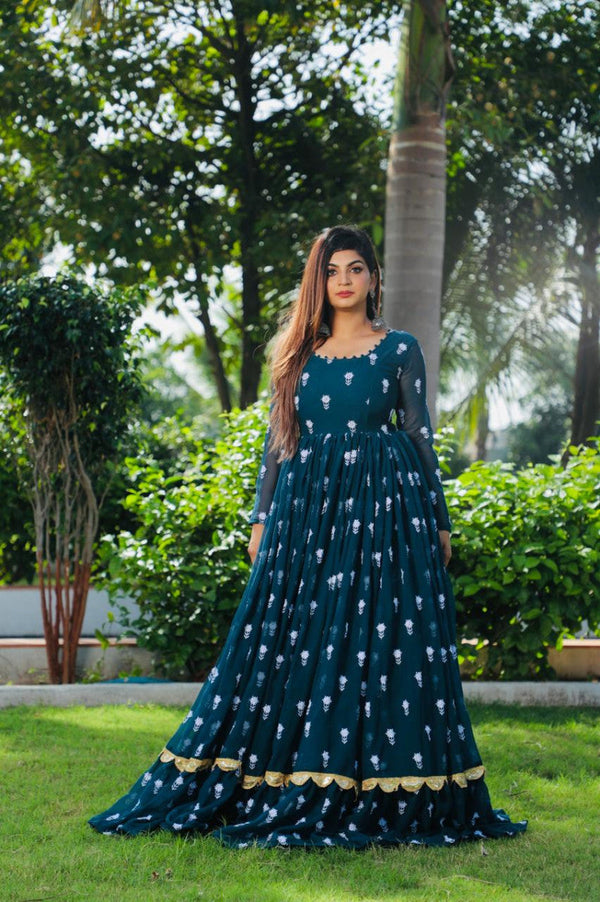 Blue Color Ruffle Embroidery Work Designer Stylist Gown