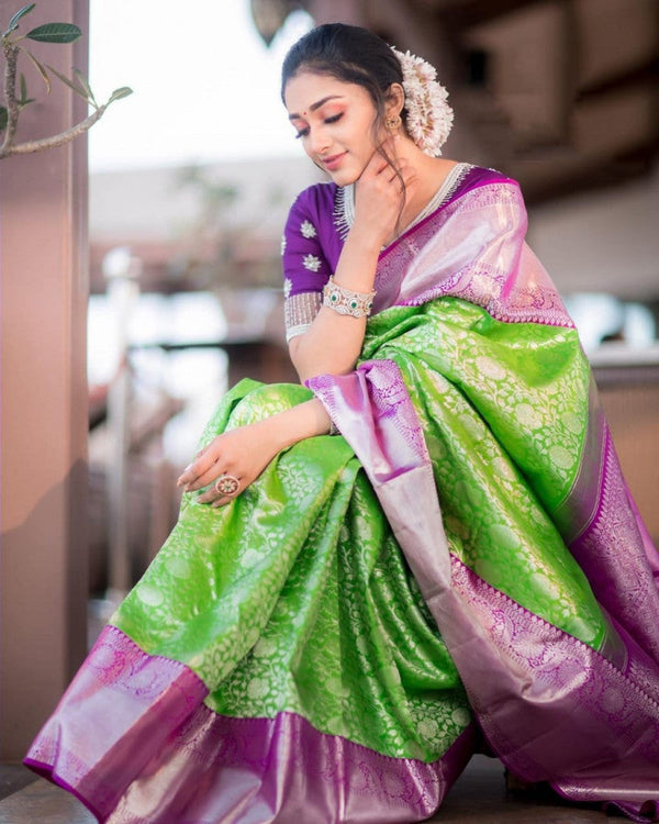 Parrot Green Silver Zari With Heavy Border Saree