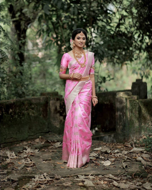 Trendy Light Pink Lichi Silk Silver Jari Saree