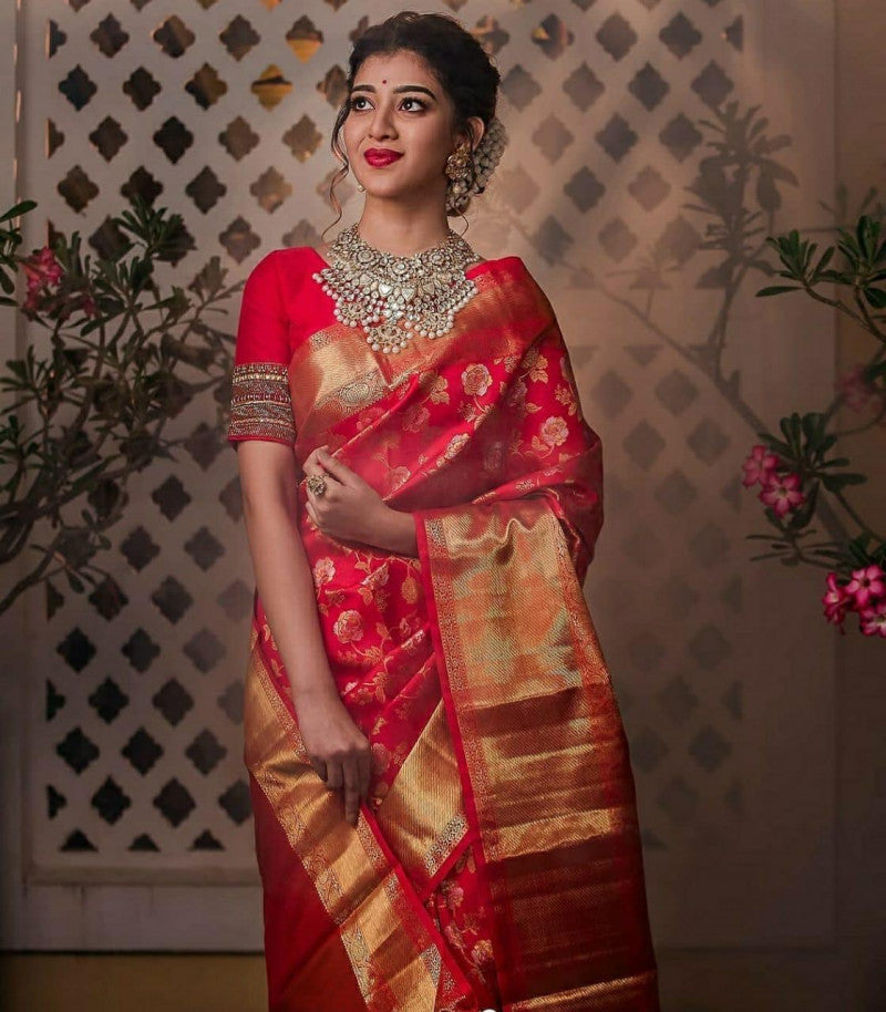 Alluring Red Color Flower Design Saree