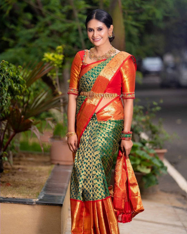 Fabulous Red And Green Peacock Design Saree