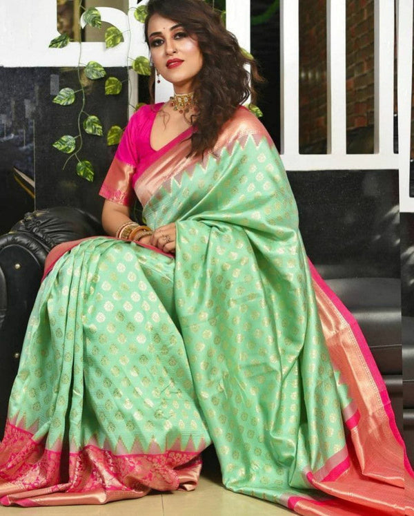 Pista And Pink Pure Lichi Silk Luxuriant Saree