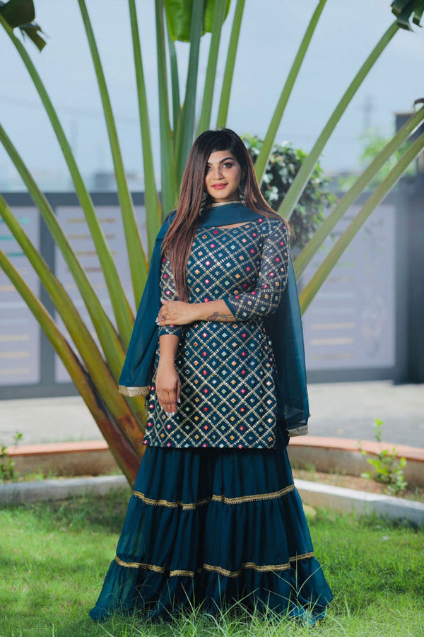 Party Wear Teal Blue Sequence Embroidery Work Sharara Suit