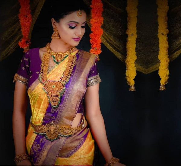 Yellow Color Banarasi Purple Border Saree
