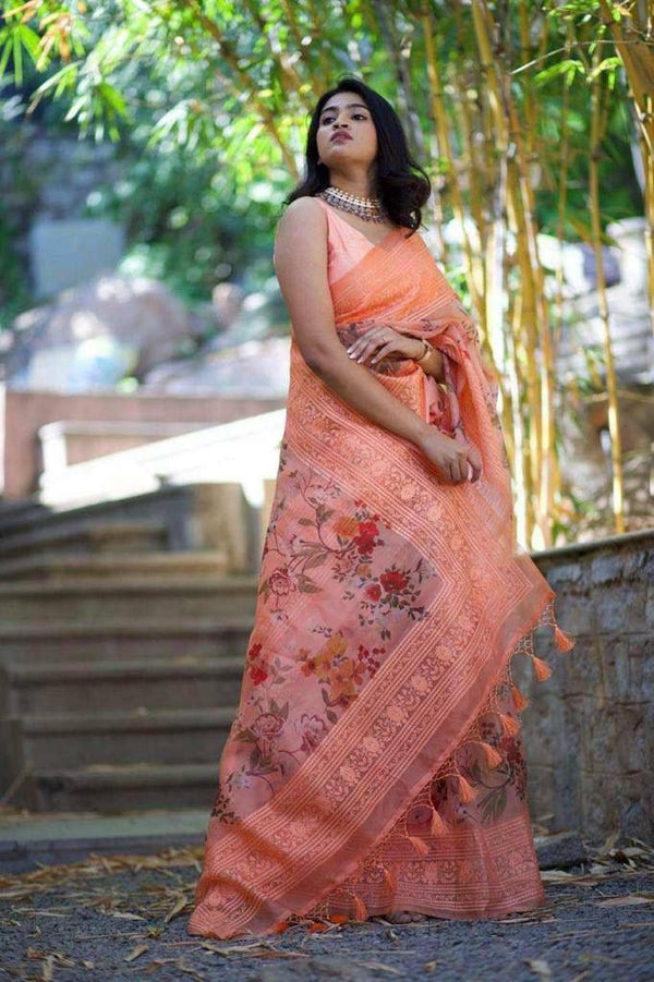 Alluring Peach Color Digital Print Organza Saree