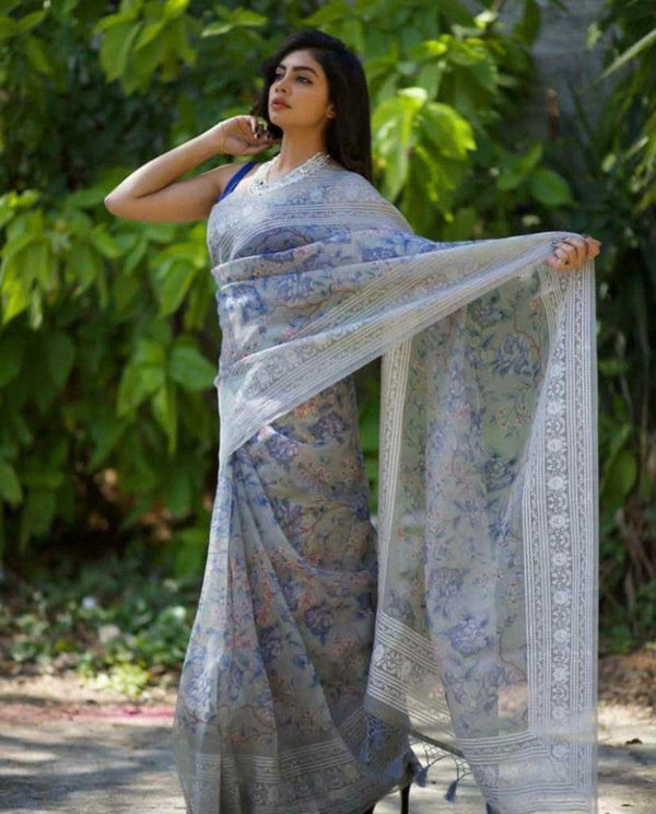 Stunning Grey Color Digital Printed Organza Saree