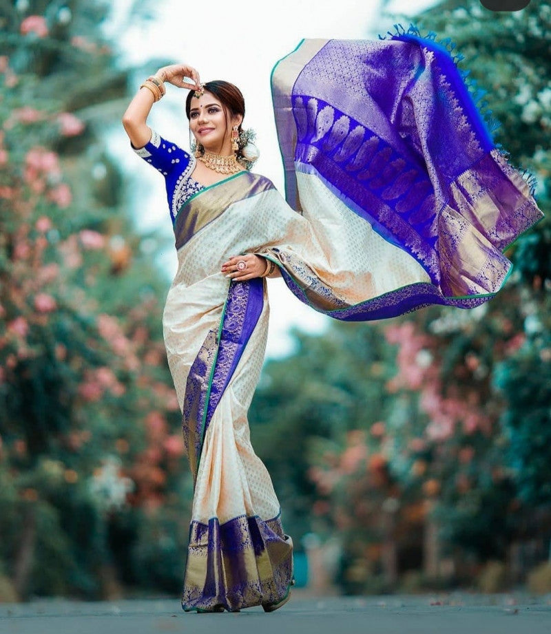 White and Blue Festive Wear Soft Silk Saree