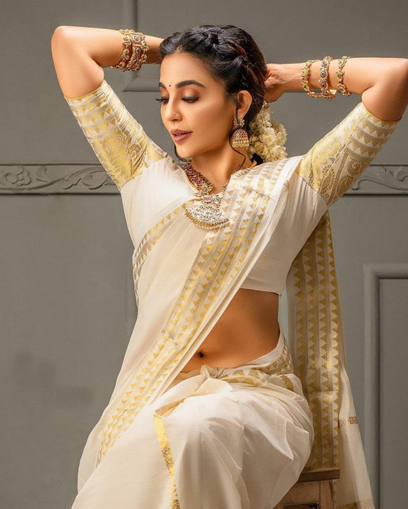 White Color Embellished Soft Silk Saree