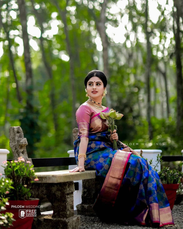 Blue and Pink Color Soft Banarasi Silk Saree