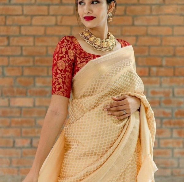 Awesome Cream Color Soft Banarasi Silk Saree