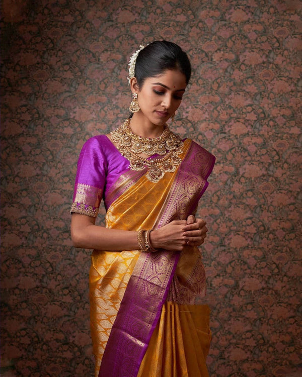 Designer Yellow Color Lichi Silk Golden Design Saree
