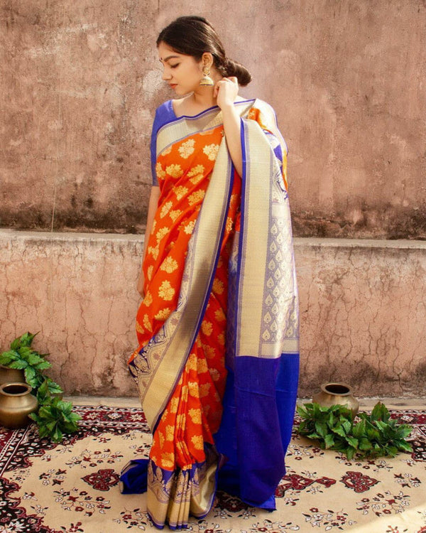 Soft Lichi Silk Golden Zari Orange Color Saree