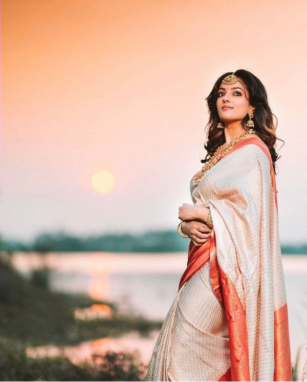 Durga Puja White And Red Golden Zari Saree