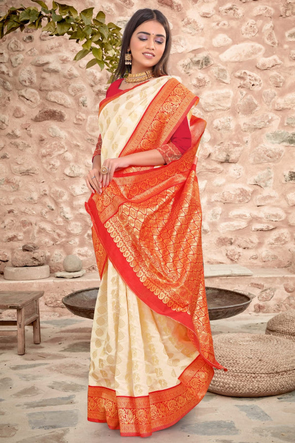 Stunning White And Red Soft Lichi Silk Saree
