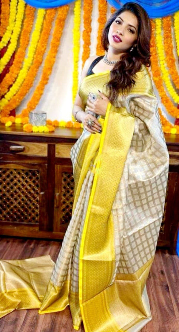White And Yellow Color Banarasi Silk Saree