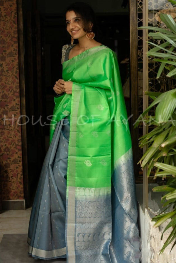 Parrot Green and Grey Color Banarasi Silk Saree