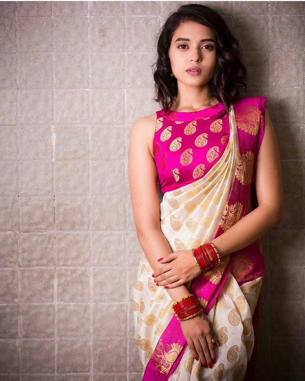 White and Pink Color Banarasi Silk Saree