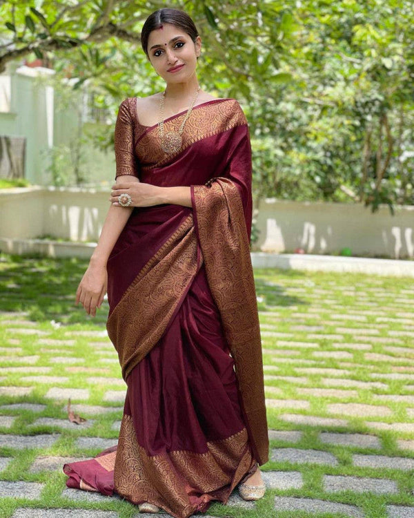 Maroon Color Banarasi Silk Rich Wooven Border Saree