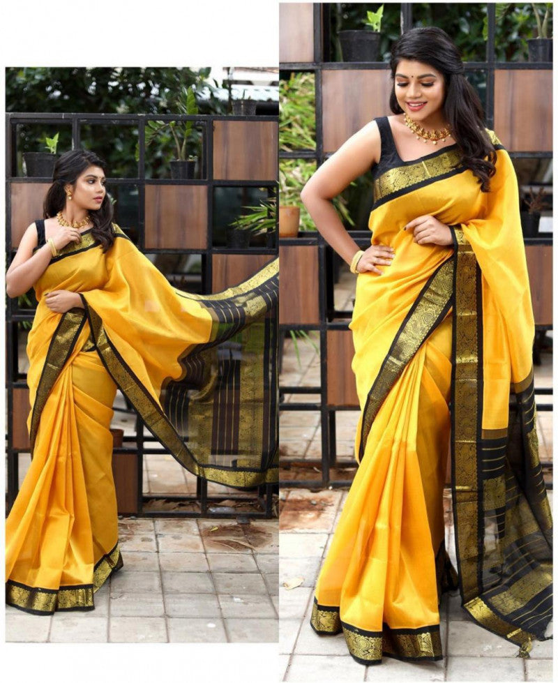 Ceremony Wear Yellow Color Banarasi Silk Saree