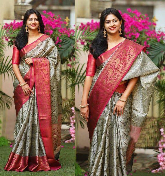 Stunning Grey With Pink Banarasi Silk Saree