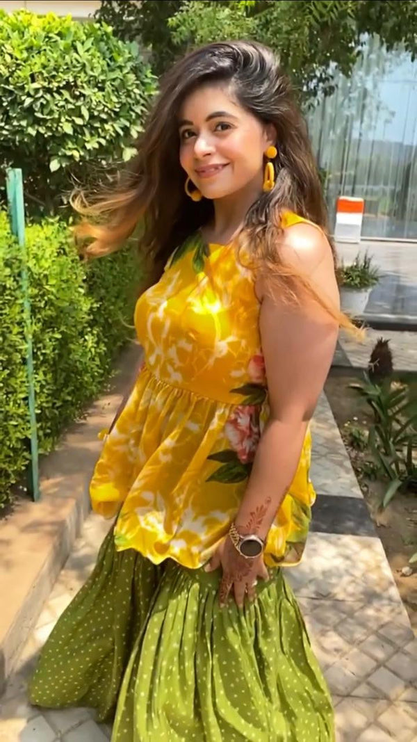 Gorgeous Yellow And Parrot Green Printed Sharara Suit