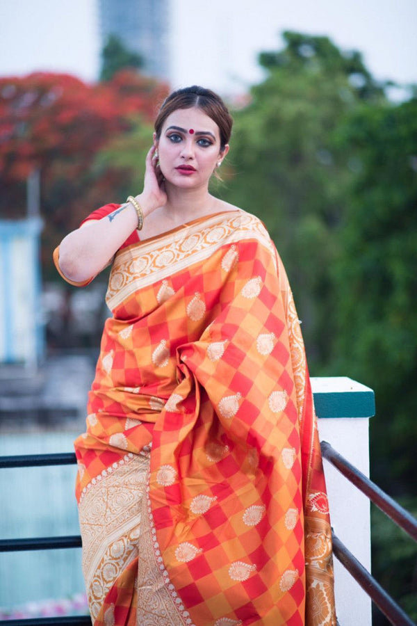Orange Color Rich Pallu And Border Banarasi Saree