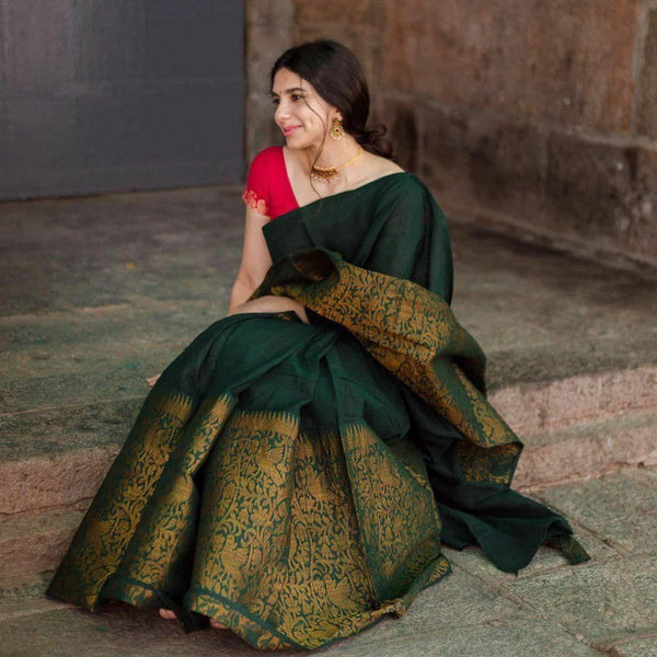 Awesome Dark Green Color Soft Lichi Silk Saree