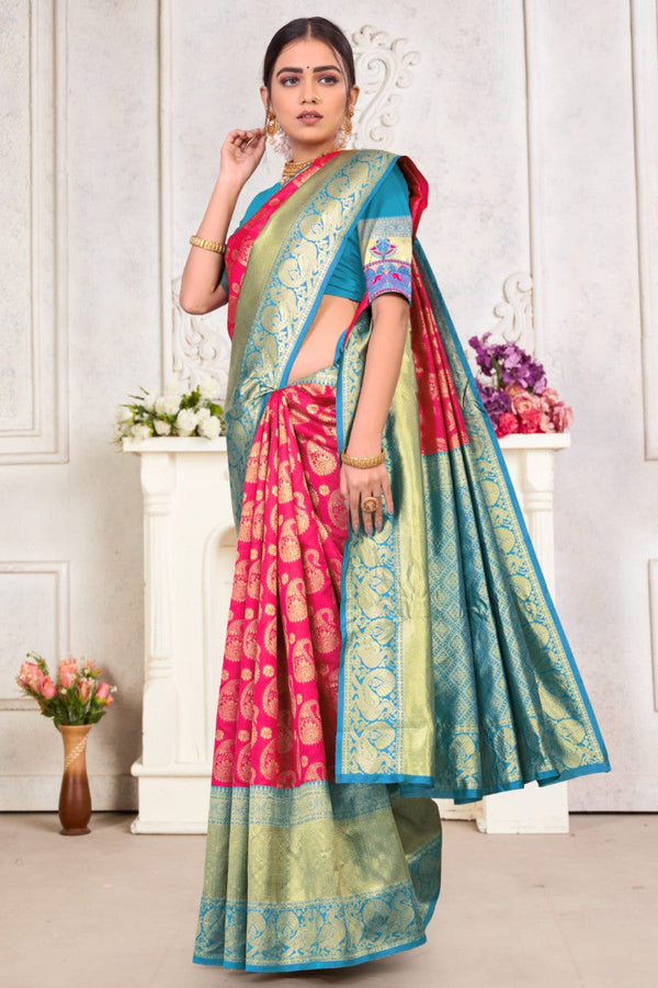 Stunning Pink And Sky Blue Rich Pallu Saree