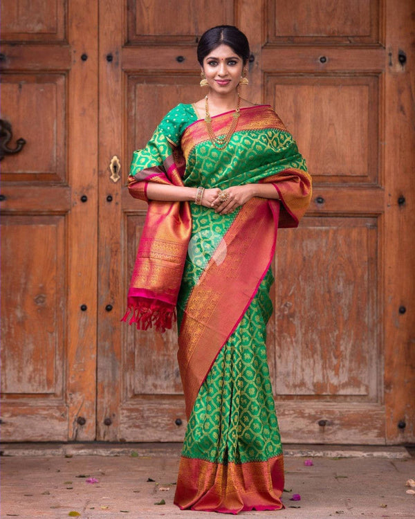Green Color Soft Lichi Silk Jacquard Border Saree