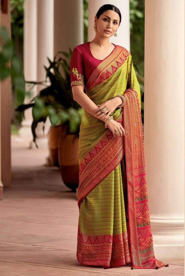 Stylish Parrot Green With Red Banarasi Silk Saree