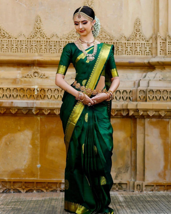 Glorious Dark Green Soft Lichi Silk Golden Jari Saree