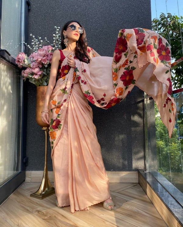 Ravishing Beige Color Handwork Silk Saree
