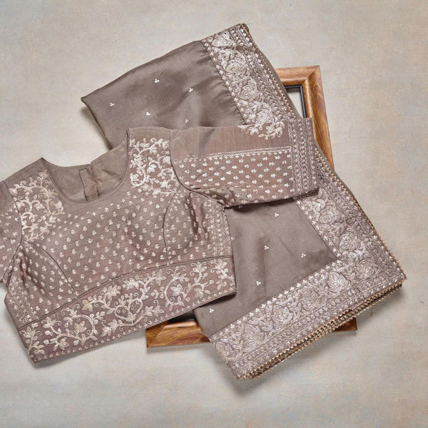 Beige Color Embroidery Work Organza Saree