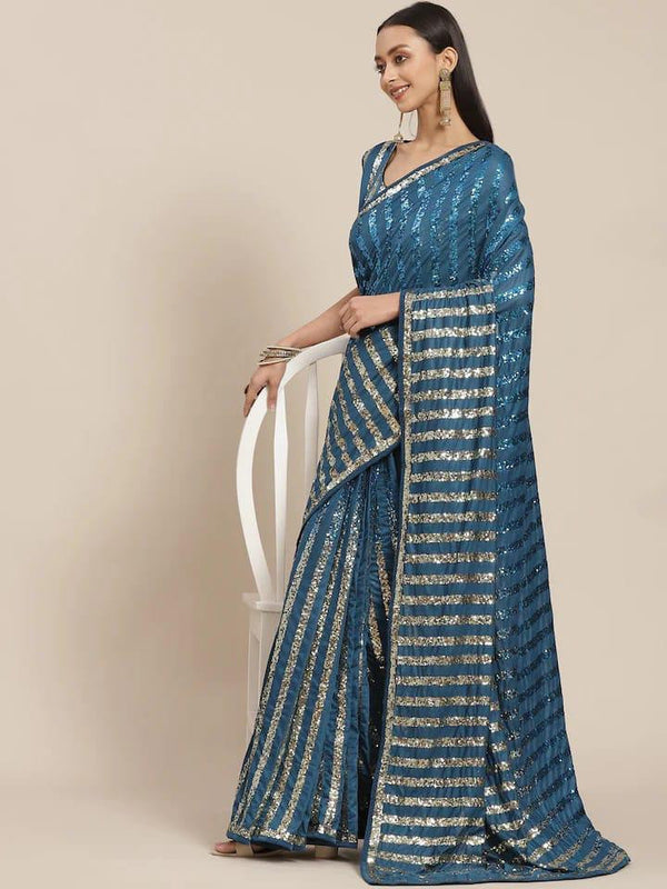 Gorgeous Teal Blue Color Sequence & Embroidery Work Saree