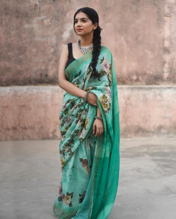 Unique Aqua Color Soft Cotton Printed Saree