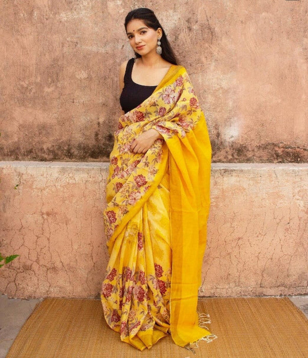 Ravishing Floral Print Yellow Color Soft Cotton Saree