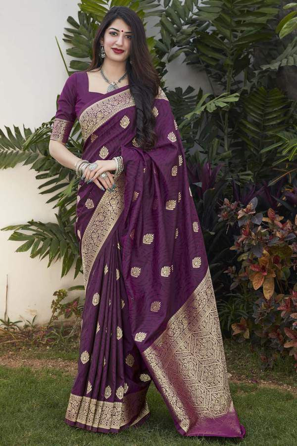 Fantastic Dark Purple Color Golden Jari Work Soft Lichi Silk Saree