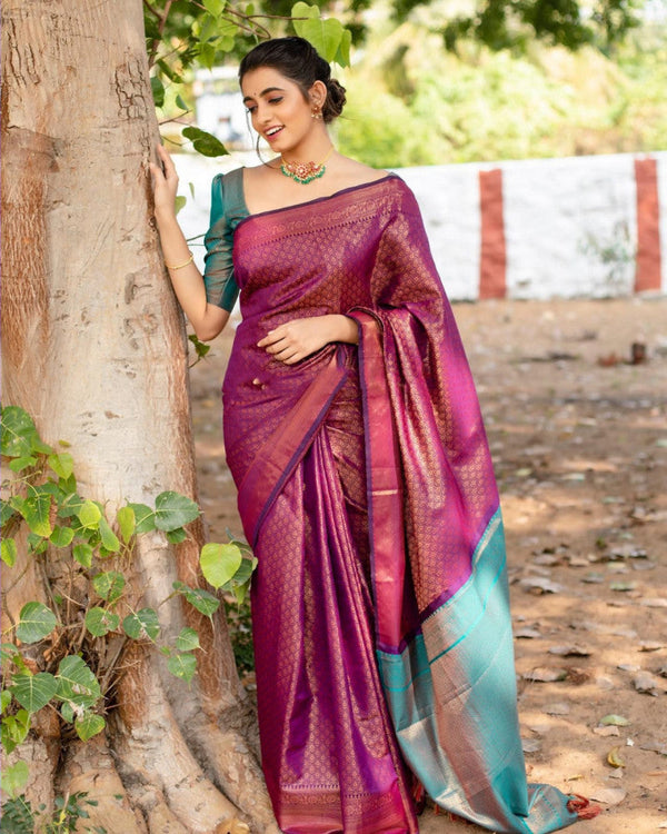 Imposing Purple With Green Color Silver Jari Saree