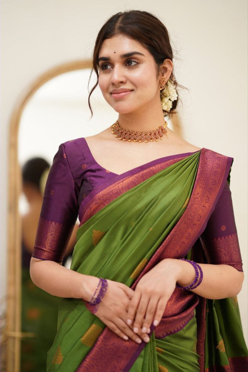 Designer Green Color Coper Jari Design Soft Silk Saree